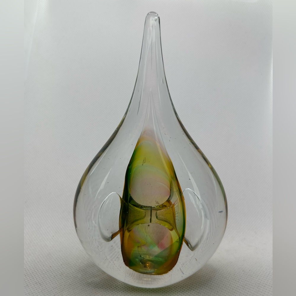 Art Glass Paperweight Josef Rozinek Crystal Green Yellow Orange Sign Poland MCM